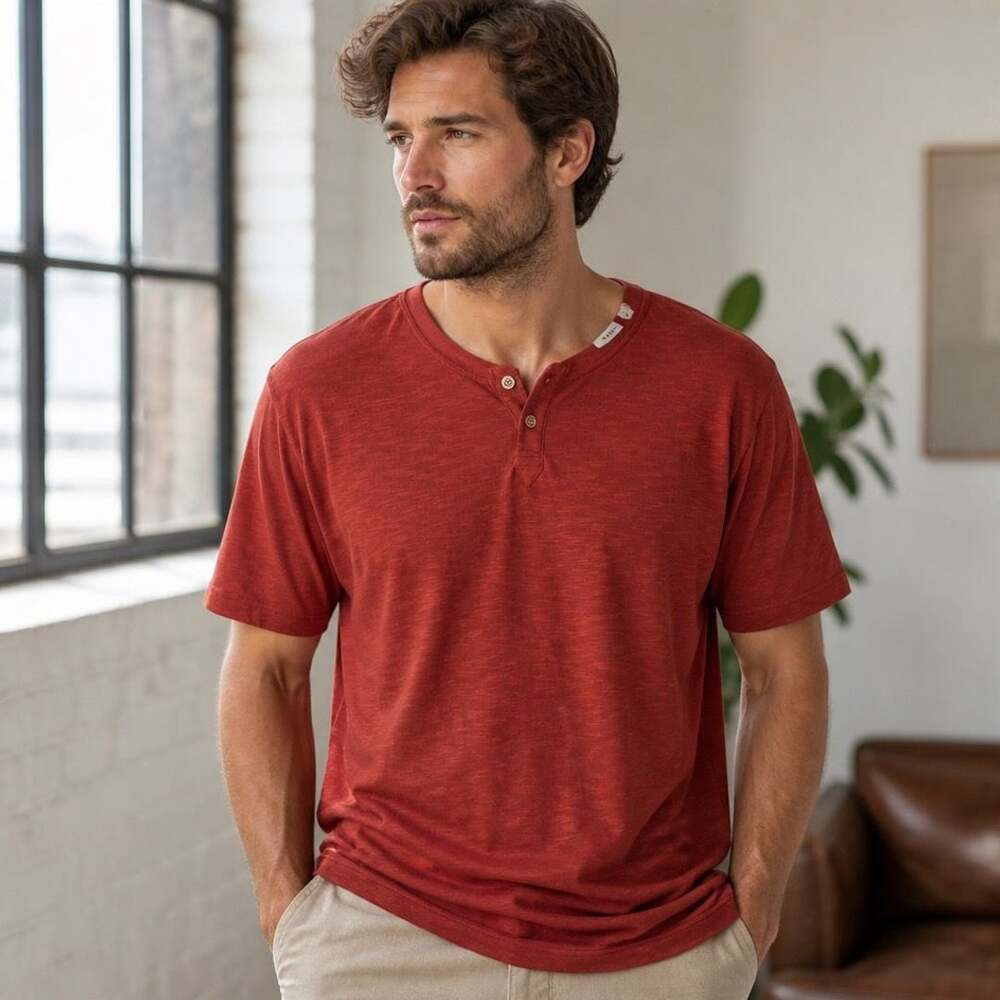 ROWM Men's Short Sleeve Henley Shirt in Red #1587
